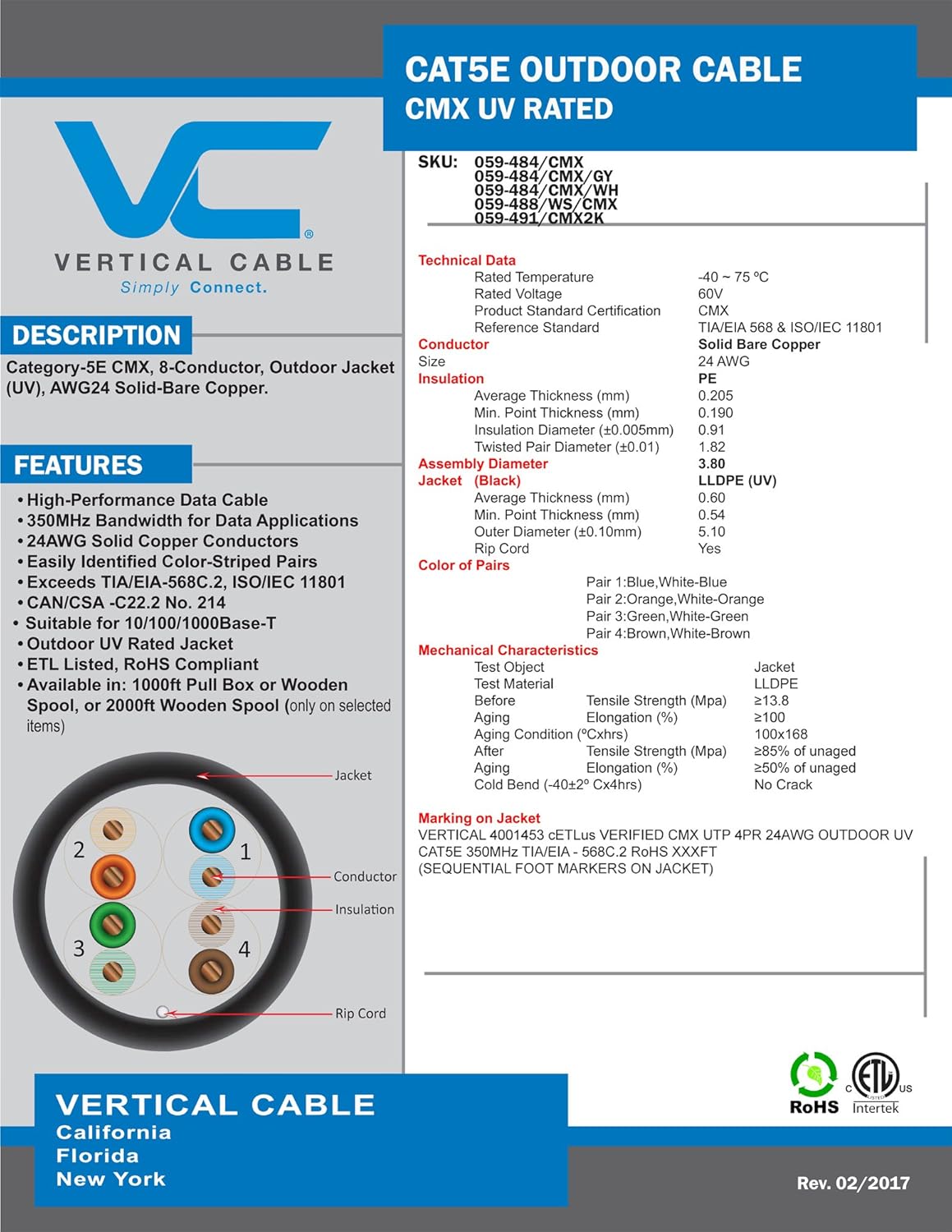 Vertical Cable Cat5e, 350 Mhz, UTP, UV Jacket, Outdoor, CMX, 1000ft, Bulk Ethernet Cable, Black