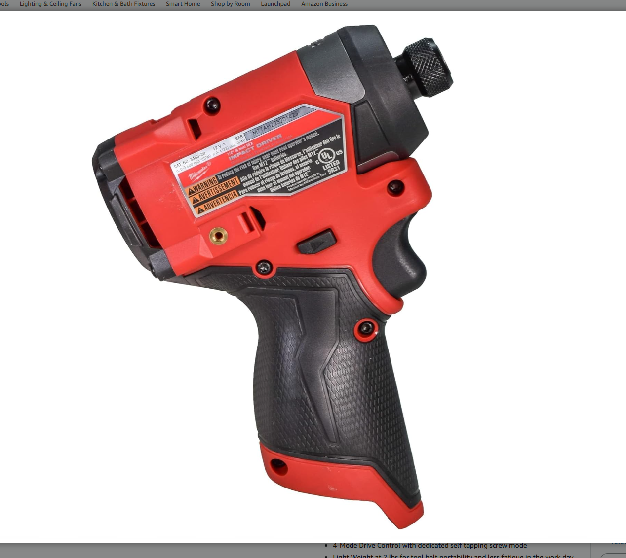 Milwaukee 3453-20 12V Fuel 1/4" Cordless Hex Impact Driver
