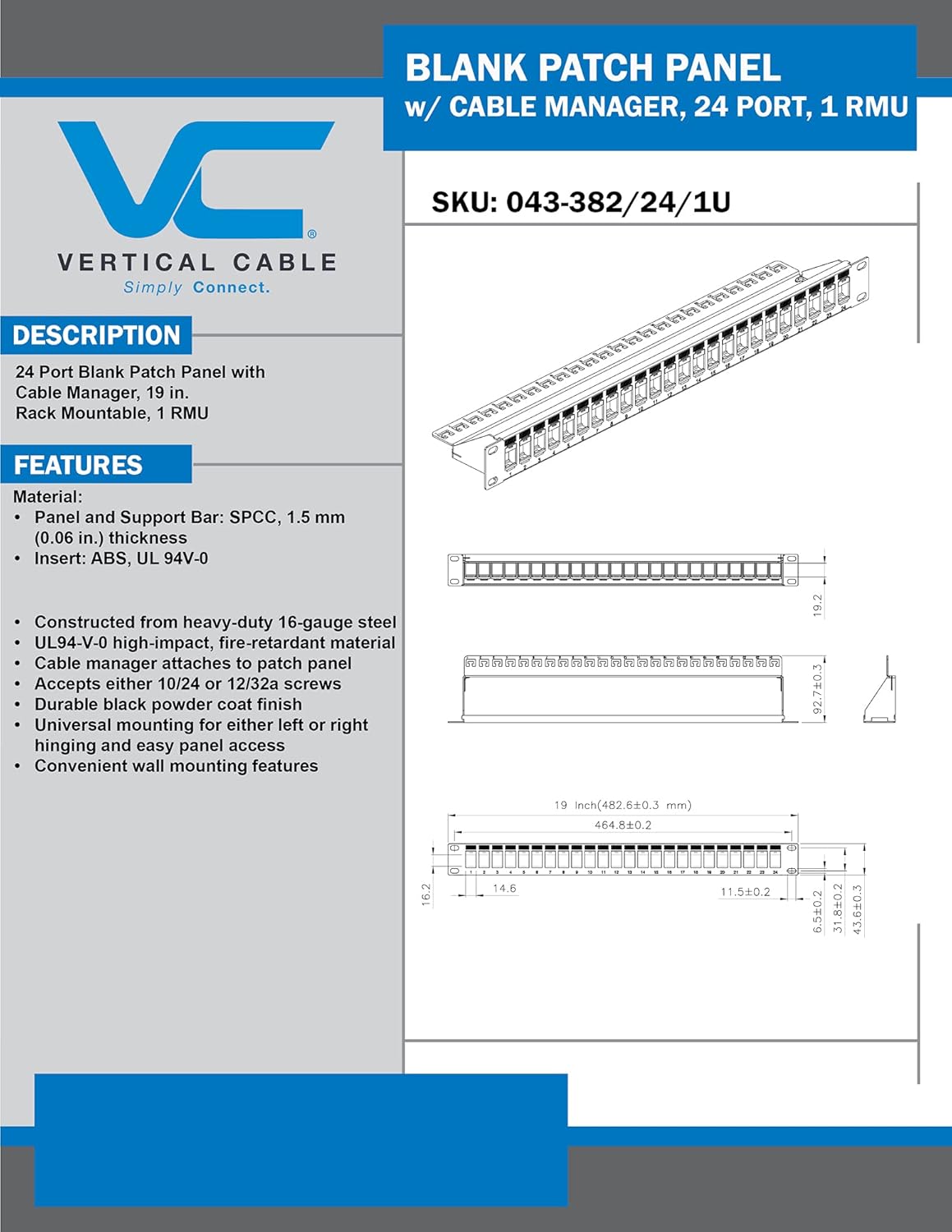 Vertical Cable 24 Port Blank Patch Panel - 1U